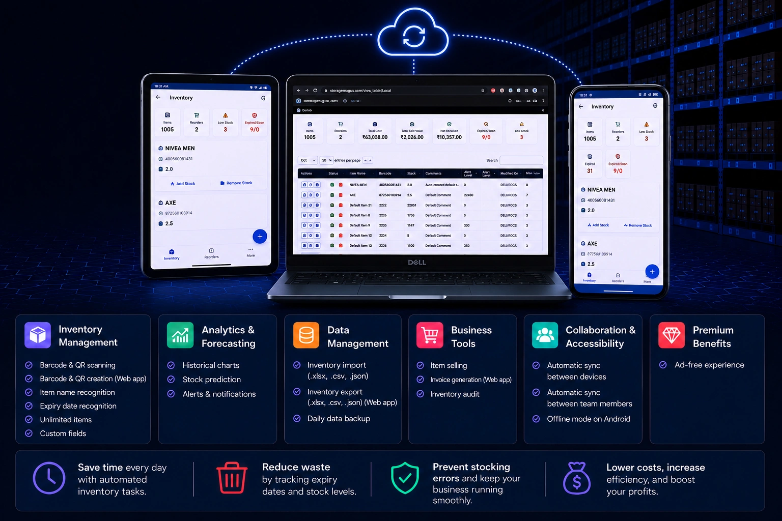 Cloud inventory management software dashboard showing synchronized stock data in Storagemagus