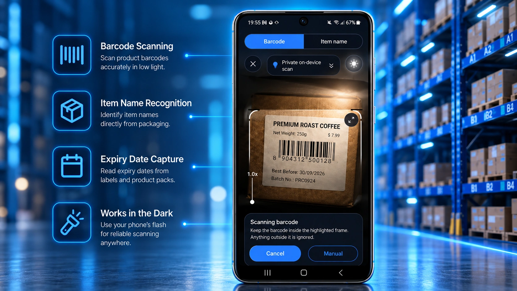 Scan inventory with a supported mobile device in low-light workspaces