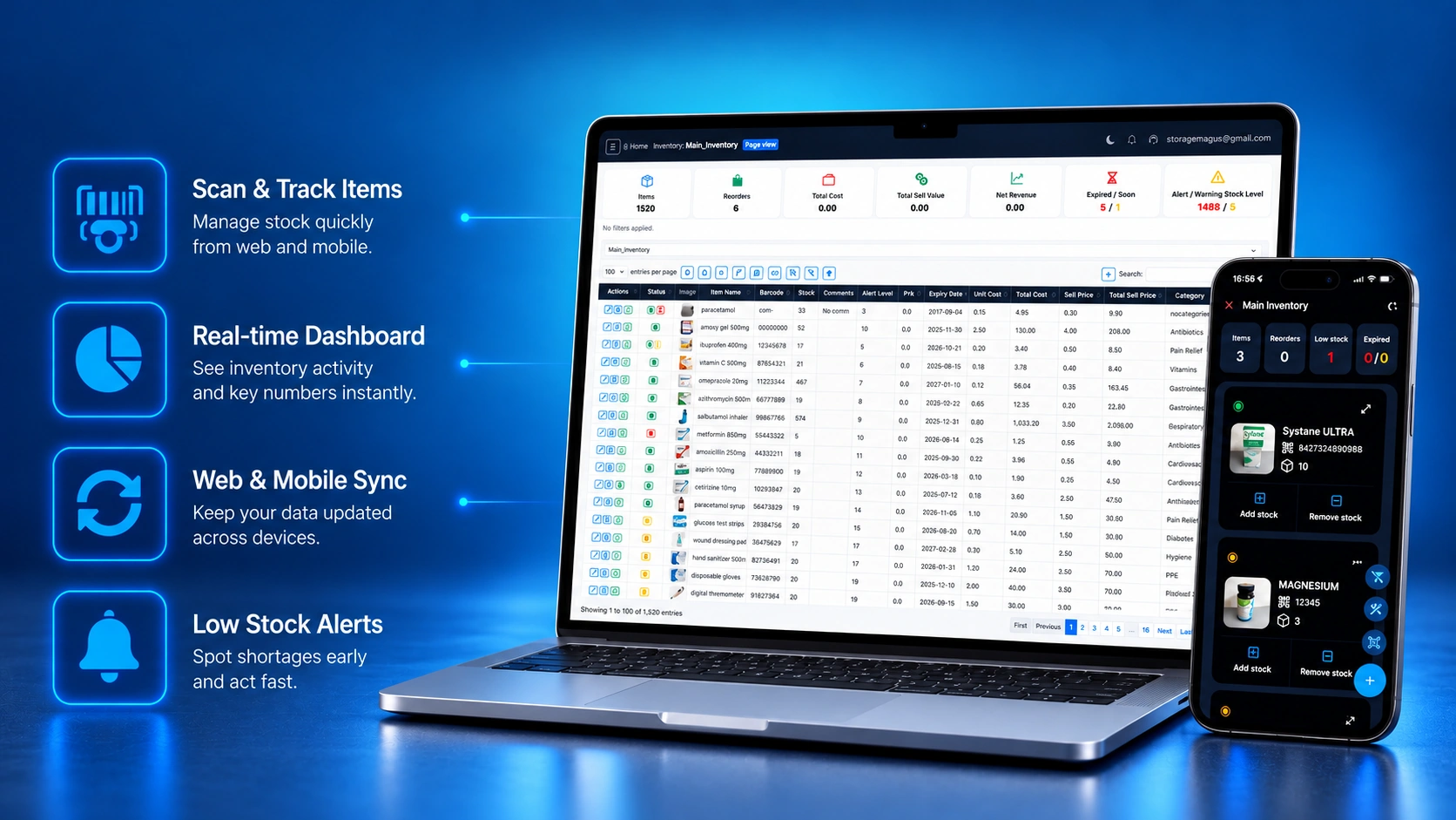 Storagemagus inventory dashboard on a laptop alongside the mobile inventory app