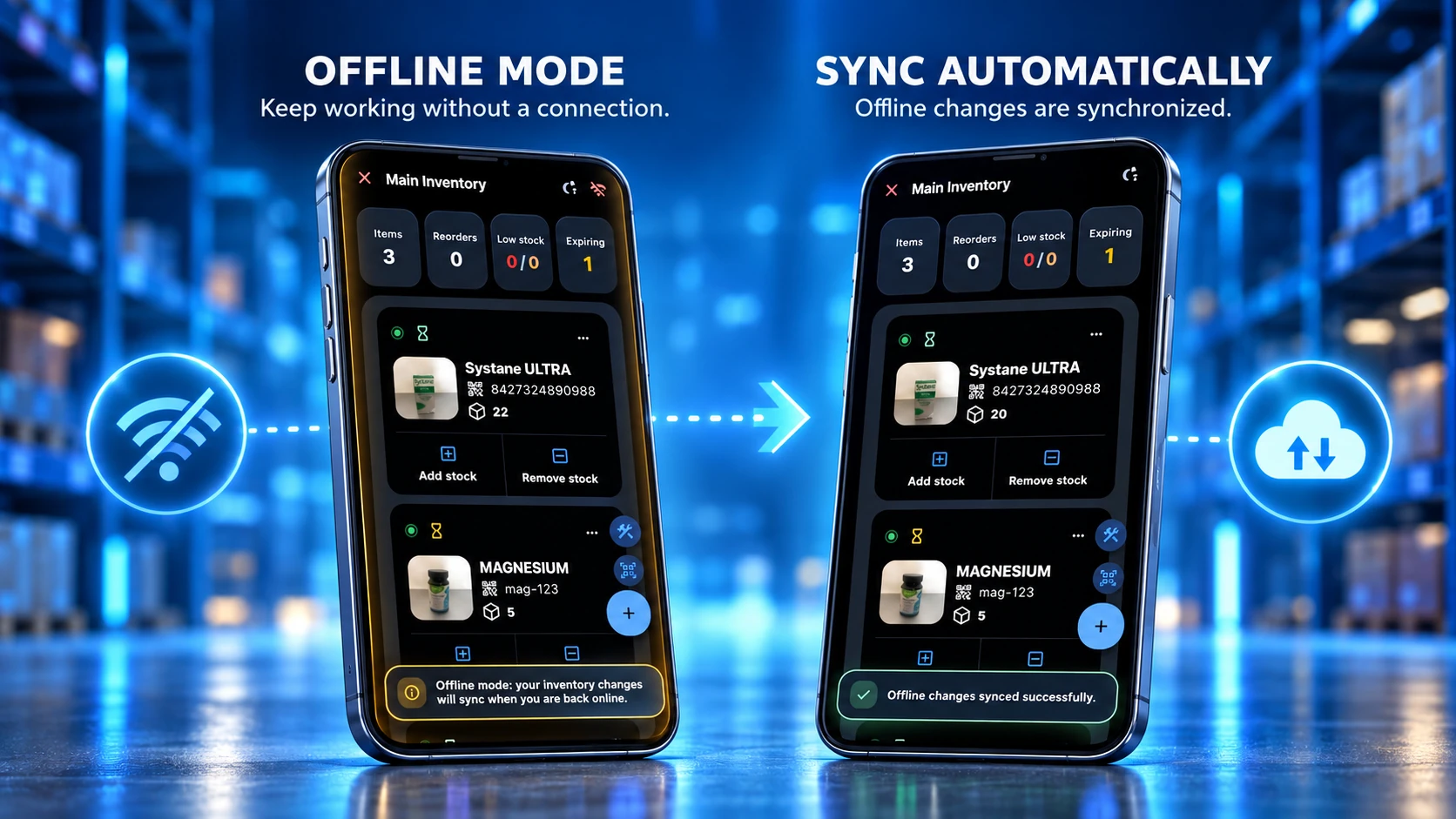 Storagemagus mobile inventory showing offline stock adjustments and automatic synchronization after reconnecting